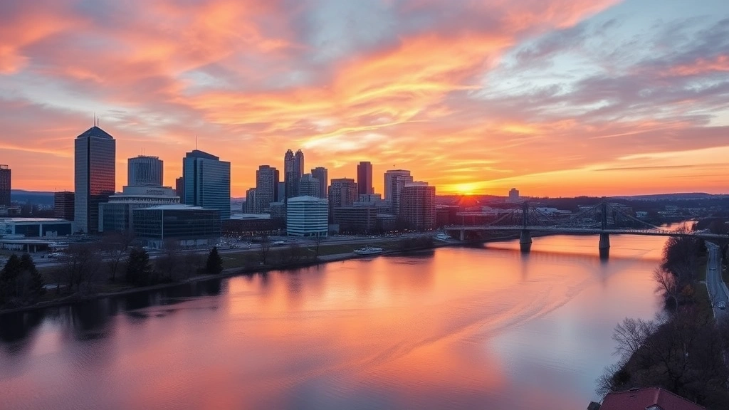 Harrisburg Pennsylvania skyline at sunrise with Susquehanna River in foreground, modern city architecture reflected in water, golden hour lighting, vibrant morning colors
