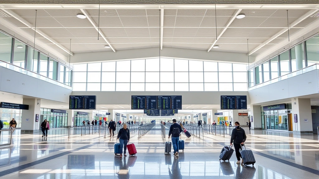 Harrisburg International Airport terminal interior modern design, departure boards, travelers with luggage, bright natural lighting, contemporary airport architecture