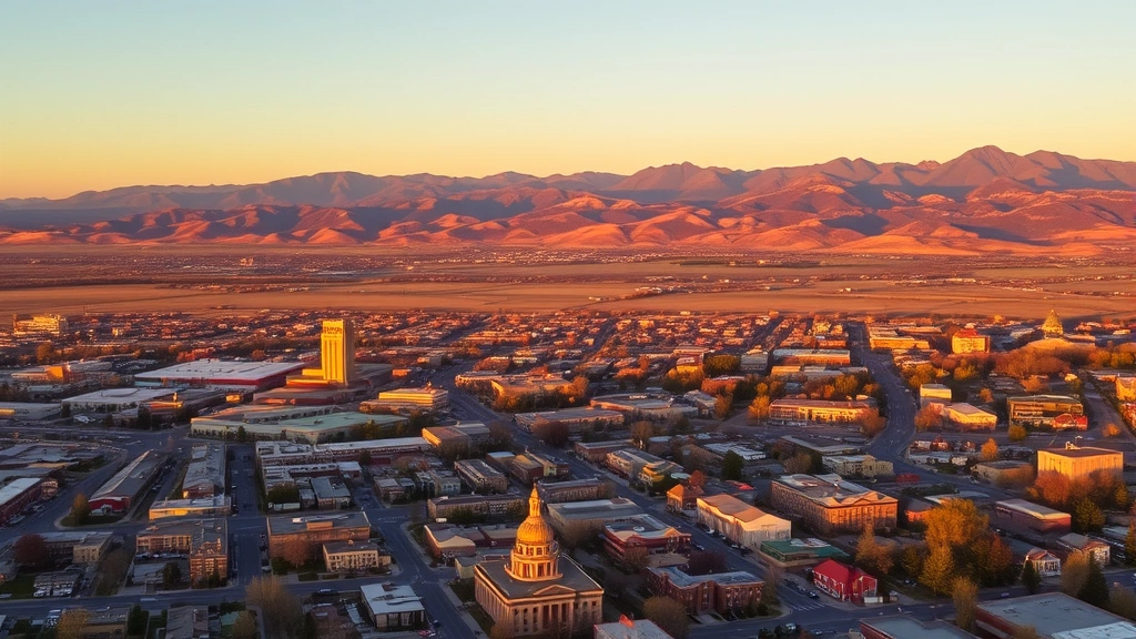 Aerial view of Boise, Idaho cityscape at sunset with foothills and mountains in background, warm golden light reflecting off buildings and landscape
