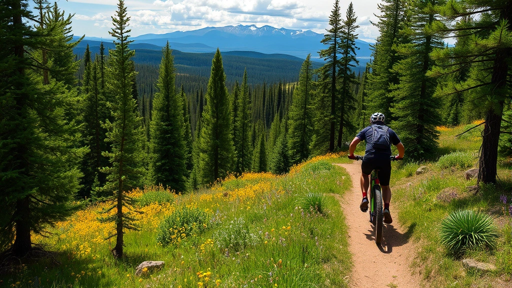 Mountain biker riding on scenic trail through pine forest with wildflowers blooming, Idaho wilderness and mountain peaks visible in distance