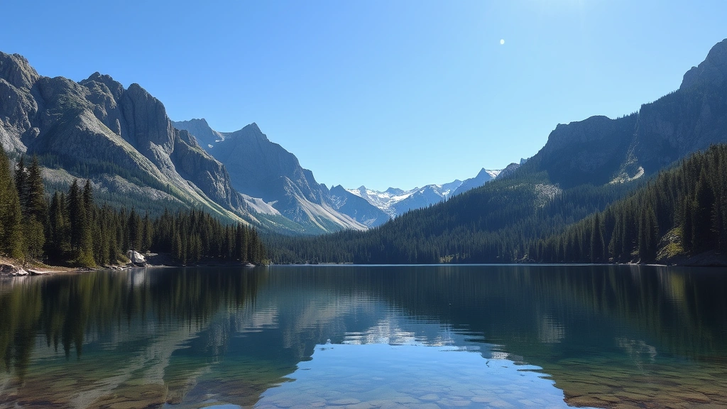 Serene alpine lake surrounded by evergreen trees and rocky mountains under clear blue sky, pristine wilderness reflecting in calm water surface