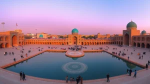 Panoramic view of Isfahan's Naqsh-e Jahan Square with turquoise dome reflections in water at golden hour, featuring traditional Persian architecture and travelers exploring the plaza