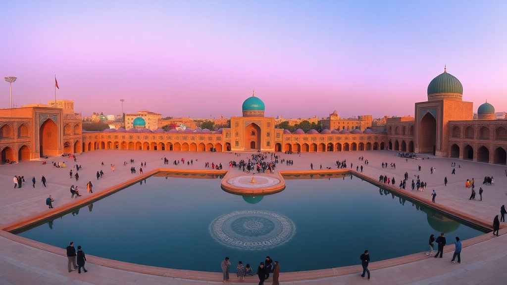 Panoramic view of Isfahan's Naqsh-e Jahan Square with turquoise dome reflections in water at golden hour, featuring traditional Persian architecture and travelers exploring the plaza