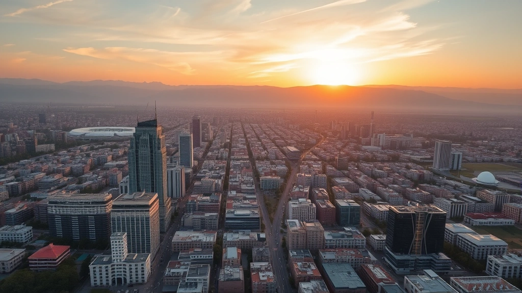 Aerial view of Tehran cityscape at sunset with Alborz Mountains in background, urban landscape with mix of modern and traditional architecture, golden hour lighting, wide-angle perspective showing sprawling city