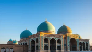 Ancient Persian architecture in Isfahan showing turquoise domes and intricate tile work under clear blue sky, golden hour lighting, no people visible, photorealistic travel photography