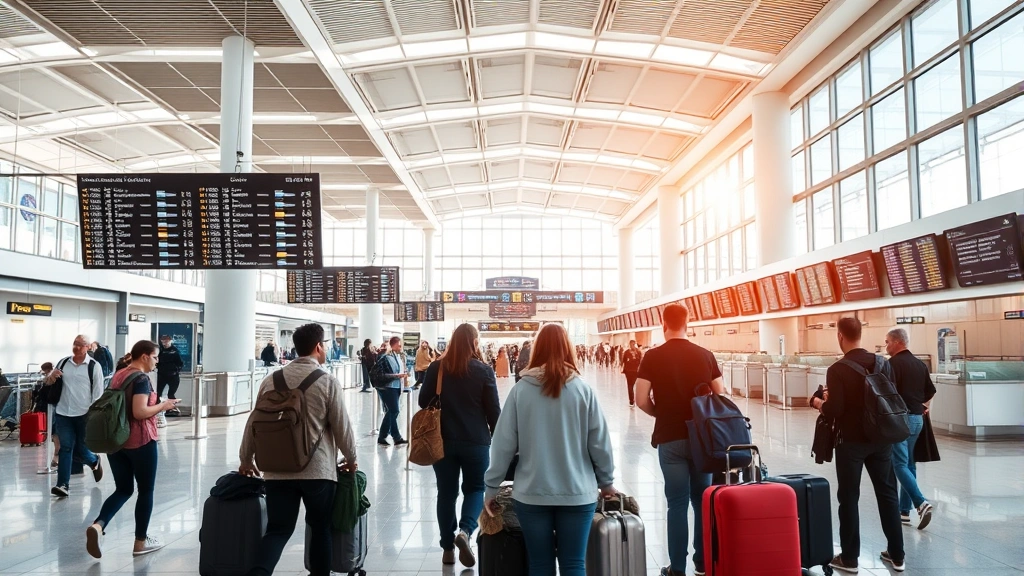 Modern airport terminal interior showing departure boards and travelers with luggage near airline counters, bright natural lighting, contemporary aviation hub atmosphere