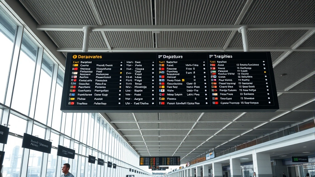 Modern airport terminal interior with departure boards displaying international destinations, natural light from large windows, professional travel photography, no readable text on signs