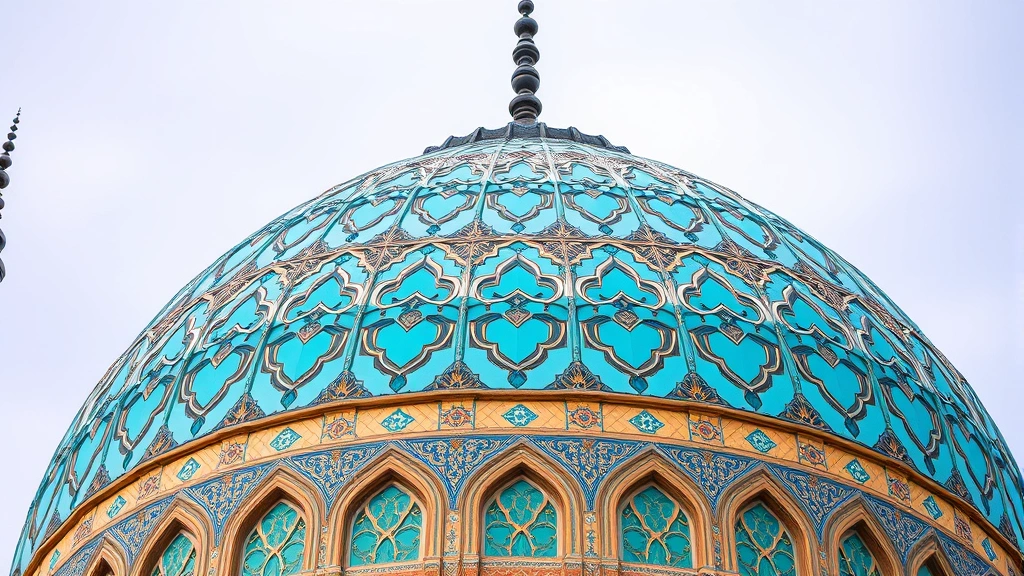 Ancient Persian architectural detail of blue turquoise dome in Isfahan with intricate tilework patterns, Islamic geometric designs, ornate traditional craftsmanship, close-up of historical monument