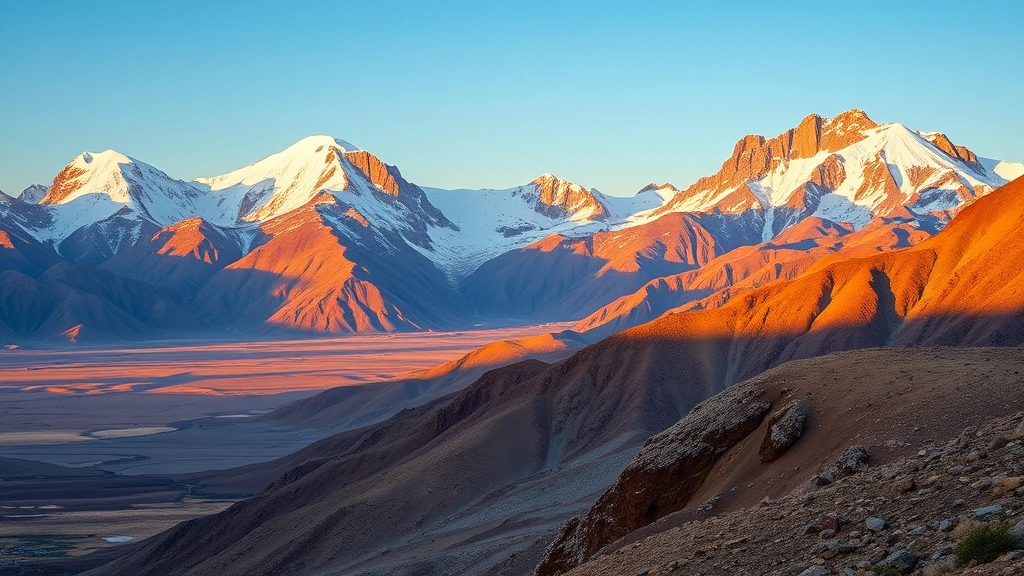 Scenic mountain landscape in Alborz range with snow-capped peaks, desert plains below, golden sunset colors, hiking trails visible, photorealistic nature and travel imagery