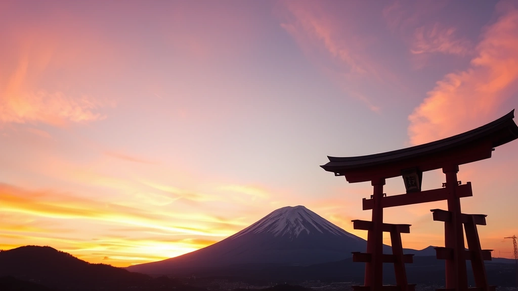 Mount Fuji snow-capped peak at sunrise with traditional Japanese torii gate silhouette in foreground, vibrant orange and pink sky, serene mountain landscape