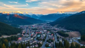 Aerial view of Leavenworth Washington nestled in the Cascade Mountains with snow-capped peaks, Bavarian-style buildings visible below, dense evergreen forests surrounding the alpine valley, dramatic mountain landscape at golden hour