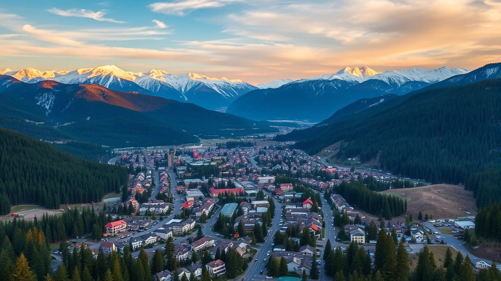 Aerial view of Leavenworth Washington nestled in the Cascade Mountains with snow-capped peaks, Bavarian-style buildings visible below, dense evergreen forests surrounding the alpine valley, dramatic mountain landscape at golden hour