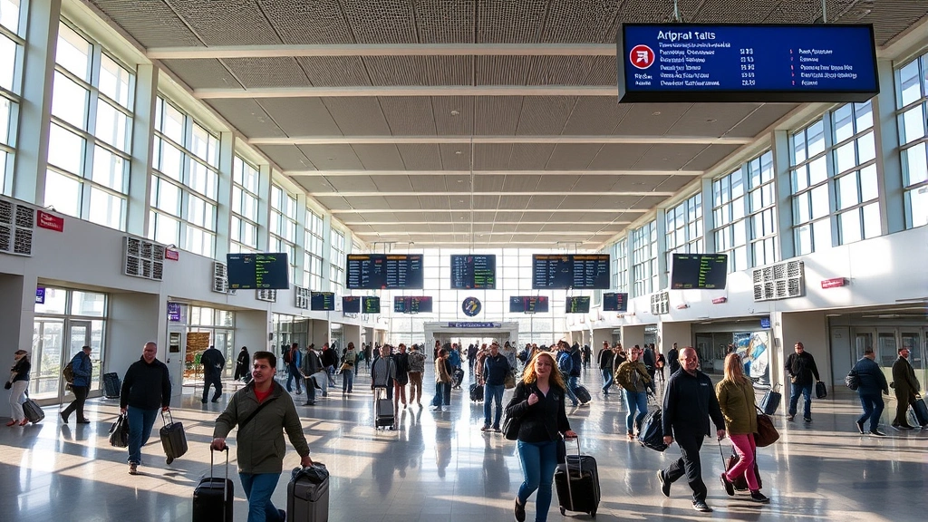 Seattle-Tacoma International Airport departure hall with modern architecture, travelers with luggage, flight information displays, natural light streaming through large windows, busy but organized terminal atmosphere