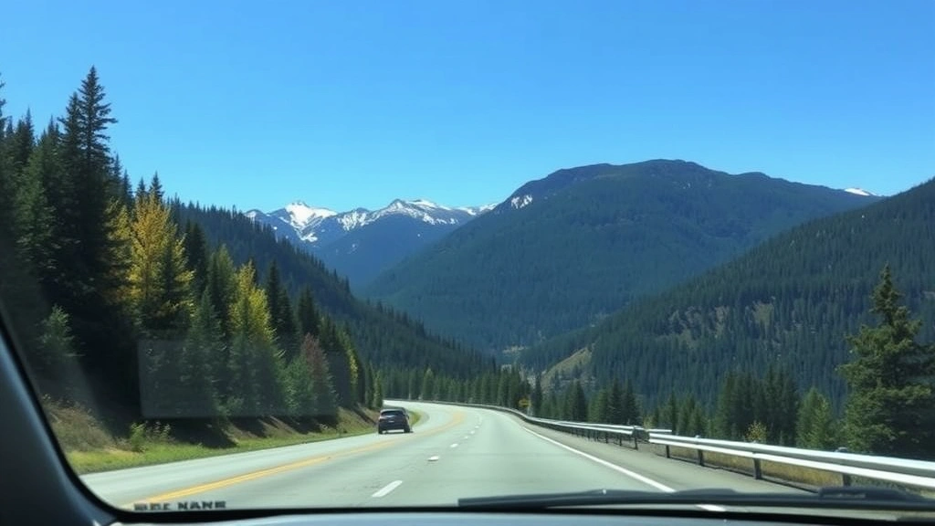 Scenic drive through Cascade Mountains toward Leavenworth with winding highway, mountain vistas, dense coniferous forest, clear blue sky, autumn or spring season, vehicle dashboard visible in foreground