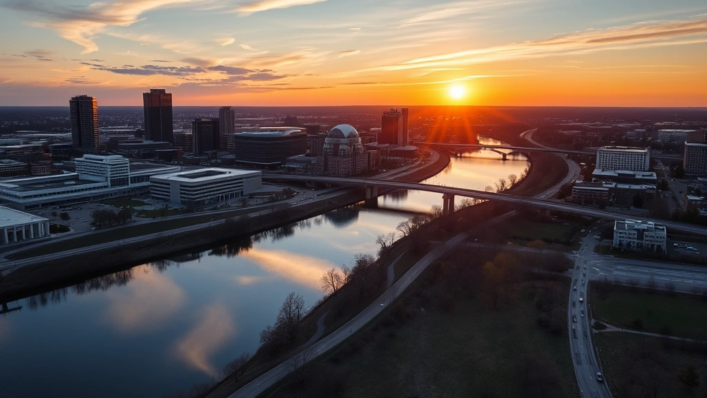 Scenic aerial view of Little Rock skyline with Arkansas River winding through downtown during golden hour sunset, showing Bill Clinton Presidential Library and modern buildings reflected in water