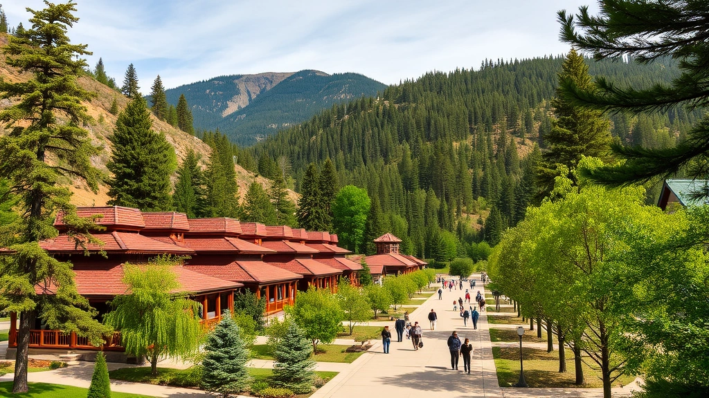 Wide landscape shot of Hot Springs National Park bathhouse row with traditional architecture nestled among forested hills, visitors walking peaceful tree-lined promenade, natural mountain backdrop