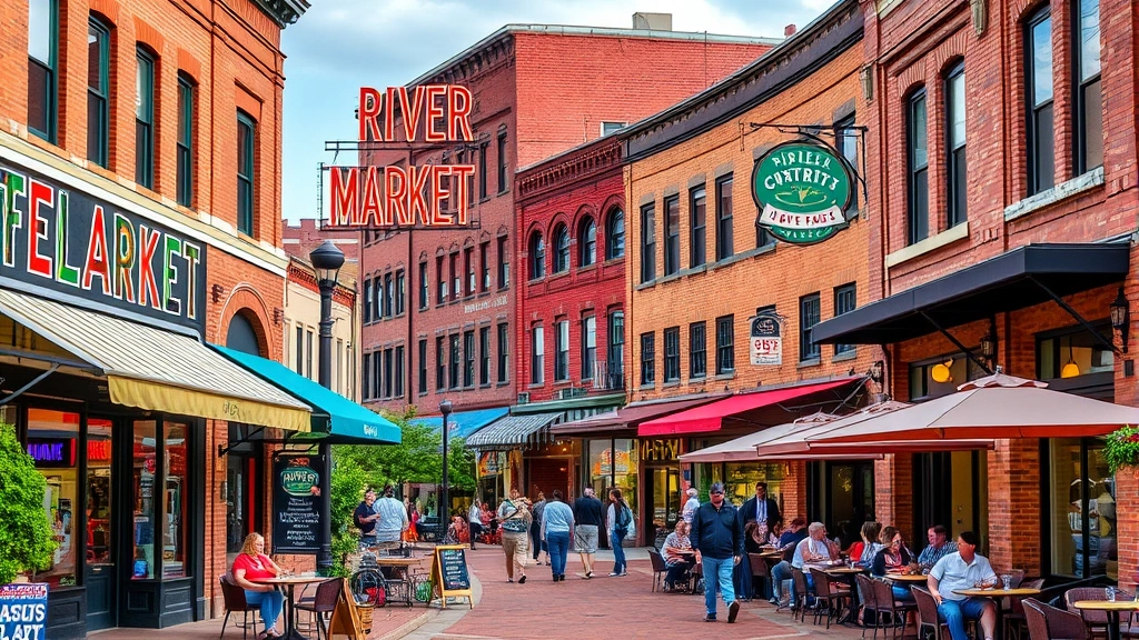 Vibrant street photography of River Market District in Little Rock with colorful storefronts, outdoor dining areas, and historic brick buildings with modern energy, people enjoying outdoor spaces