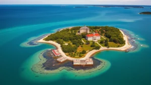 Aerial view of Mackinac Island surrounded by turquoise water with Victorian buildings and Grand Hotel visible, Straits of Mackinac in background, sunny summer day, photorealistic landscape photography