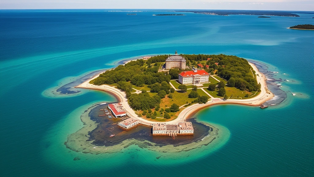Aerial view of Mackinac Island surrounded by turquoise water with Victorian buildings and Grand Hotel visible, Straits of Mackinac in background, sunny summer day, photorealistic landscape photography
