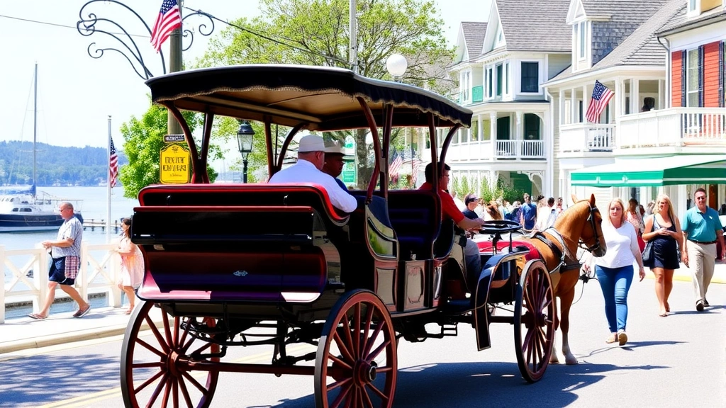Historic horse-drawn carriage on Mackinac Island's Main Street lined with Victorian architecture, tourists walking, harbor visible, sunny weather, authentic island transportation, detailed street scene