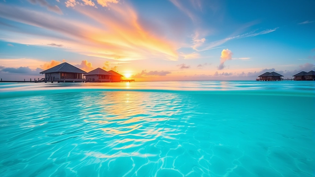 Turquoise tropical lagoon with overwater wooden bungalows at sunset, pristine white sand visible underwater, crystal clear water reflecting sky
