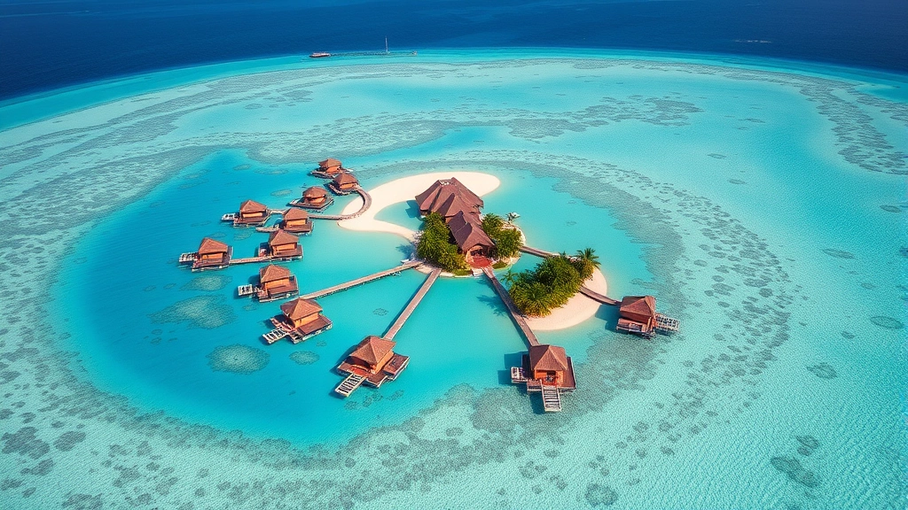 Aerial view of Maldives resort island surrounded by coral reef, multiple water bungalows, palm trees, and vibrant blue ocean gradient