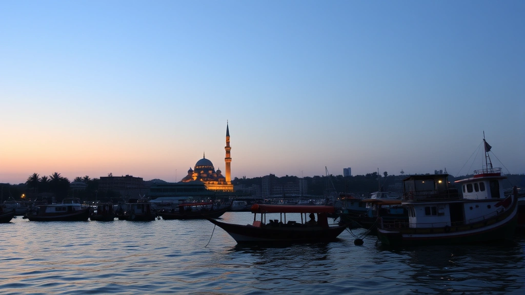Male city harbor at dusk with dhoni boats, mosque minaret silhouette, colorful local fishing vessels, and calm water reflecting evening light