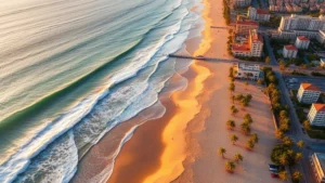 Aerial view of Mazatlán's golden sandy beaches with turquoise Pacific Ocean waves, palm trees lining the shore, beachfront hotels and resorts visible, sunset lighting casting golden glow across water and sand