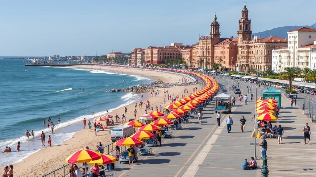 Bustling Mazatlán waterfront boardwalk (Malecón) with colorful beach umbrellas, tourists enjoying the beach, historic colonial architecture in background, vibrant coastal Mexican atmosphere at daytime