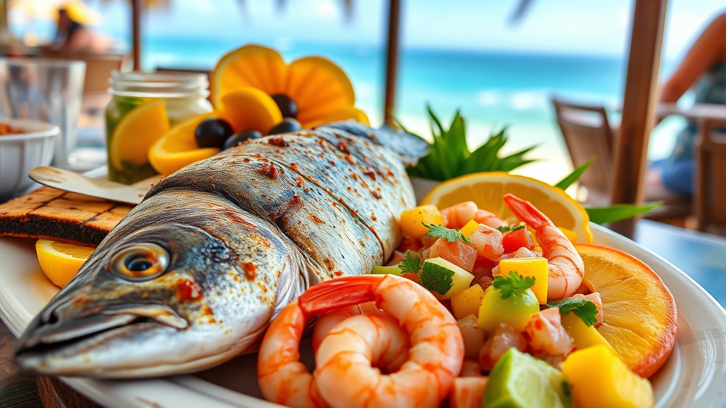 Close-up of fresh seafood platter at beachside restaurant in Mazatlán featuring grilled fish, shrimp ceviche, and tropical fruits, ocean view in background, authentic Mexican coastal dining experience