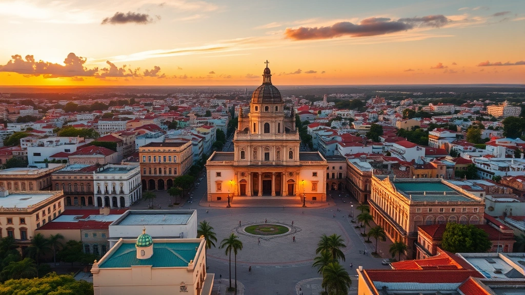 Aerial view of Merida's colonial city center with pastel-colored buildings, central plaza, and cathedral at sunset, vibrant warm lighting, authentic Yucatan architecture landscape photography