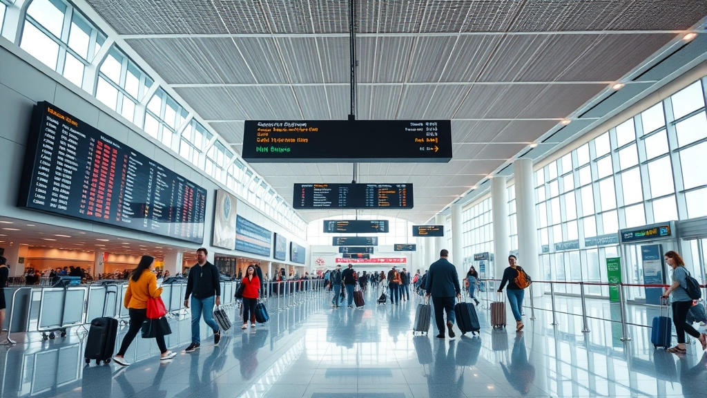 Modern airport terminal interior with departures board, travelers with luggage, bright natural lighting, contemporary travel hub atmosphere, busy but organized aviation facility