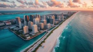 Aerial view of Miami skyline with turquoise ocean, Art Deco buildings, and white sandy beaches at sunset, photorealistic travel photography, no text or signs visible