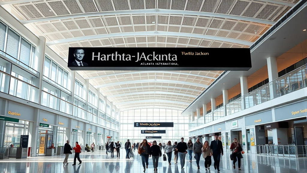 Hartsfield-Jackson Atlanta International Airport modern terminal interior with passengers walking, bright natural lighting, contemporary architecture, photorealistic travel scene