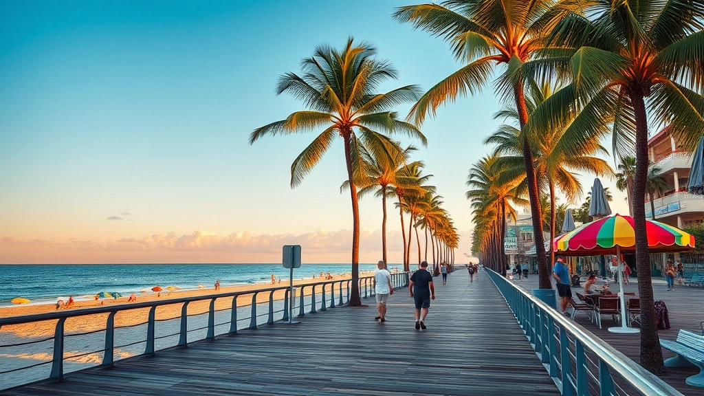 Fort Lauderdale beach boardwalk with palm trees, ocean, and colorful beach umbrellas, golden hour lighting, photorealistic destination photography, no visible signage