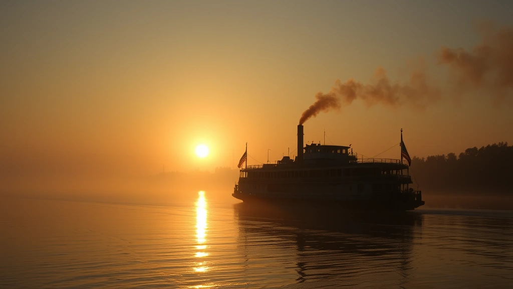 Sunrise over the Mississippi River with steamboat silhouette, golden light reflecting on water, misty morning atmosphere, photorealistic travel photography