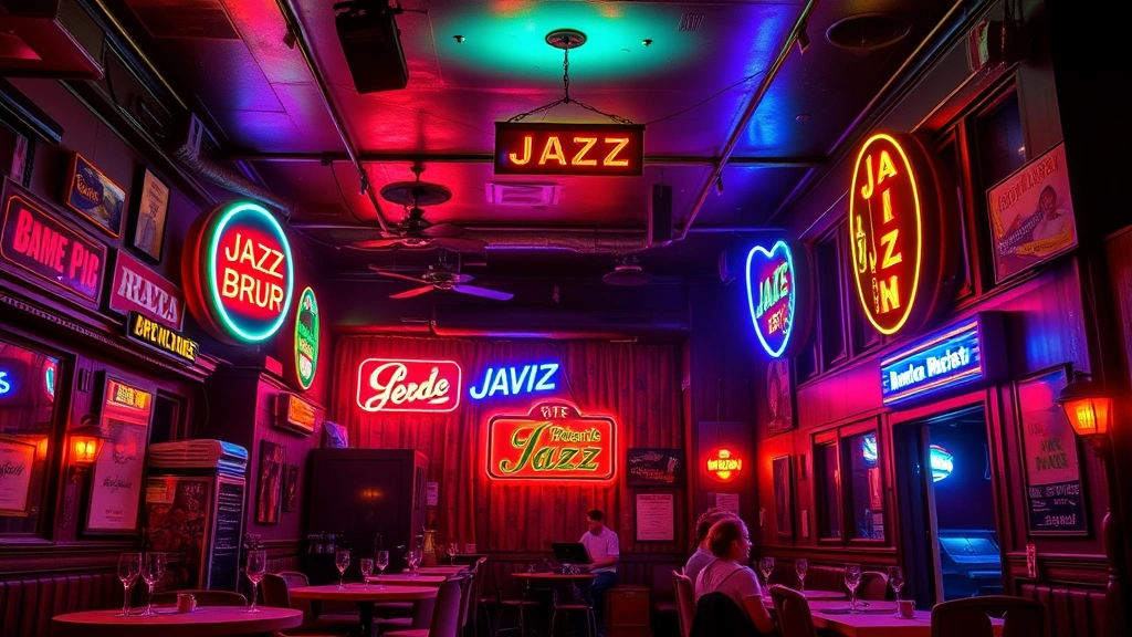 Vibrant jazz club interior in Jackson Mississippi with neon signs, vintage décor, atmospheric stage lighting, energetic live performance setting, photorealistic