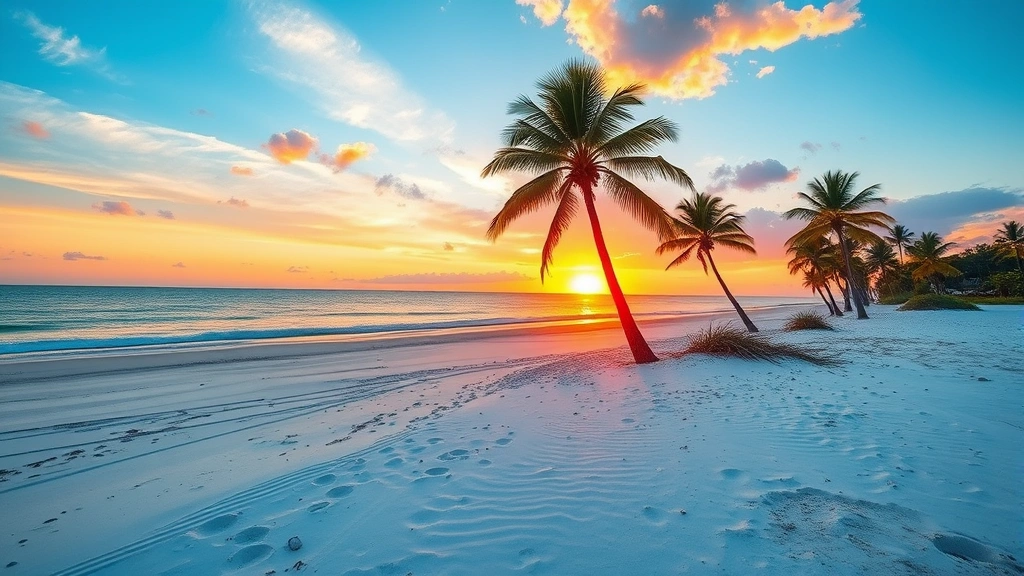 Gulf Coast beach sunset at Gulfport Mississippi with pristine sand, turquoise water, palm trees, golden hour lighting, peaceful vacation scenery, photorealistic