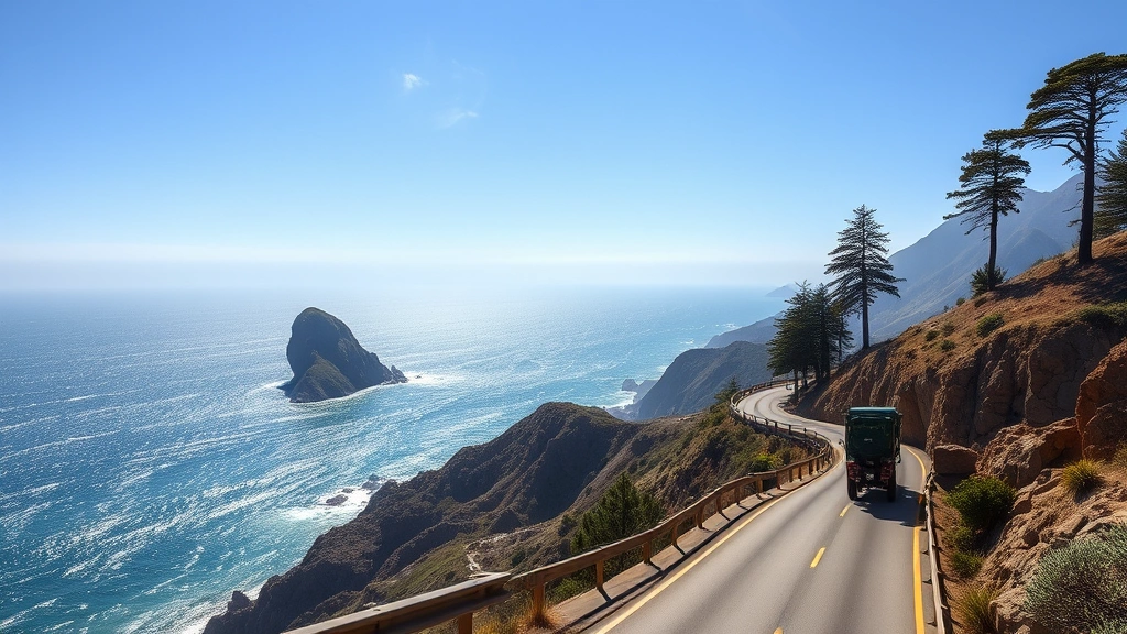 Scenic Pacific Coast Highway with dramatic coastal cliffs, cypress trees, and sparkling ocean views under clear blue sky, photorealistic travel photography
