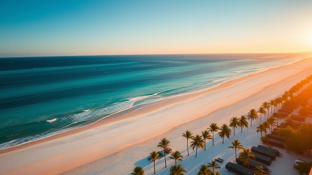 Aerial view of pristine Naples Florida beach with turquoise Gulf waters, white sand, and beachfront palm trees during golden hour sunset