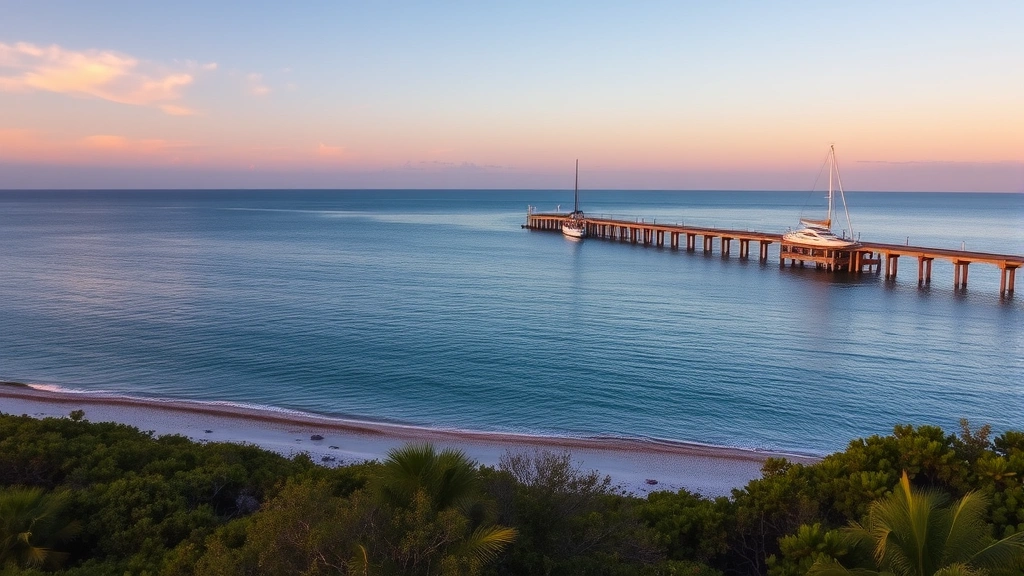 Southwest Florida landscape showing Naples pier extending into calm gulf water at dusk, with sailboats and coastal vegetation