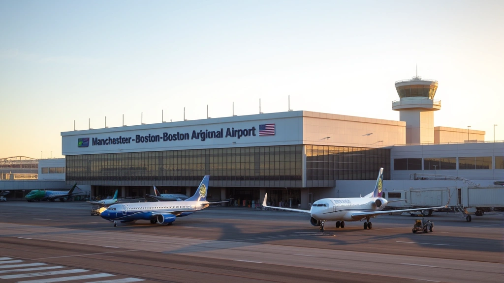 Manchester-Boston Regional Airport modern terminal building exterior with planes on tarmac, morning light, clear skies, regional airport infrastructure, travel departure atmosphere