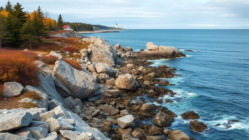 New Hampshire seacoast scenic view with rocky coastline meeting Atlantic Ocean, lighthouses in distance, autumn or spring weather, natural landscape without people or text