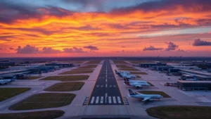 Aerial view of Detroit Metropolitan Airport runway at sunrise with commercial aircraft lined up, modern terminal buildings visible, vibrant morning sky with clouds