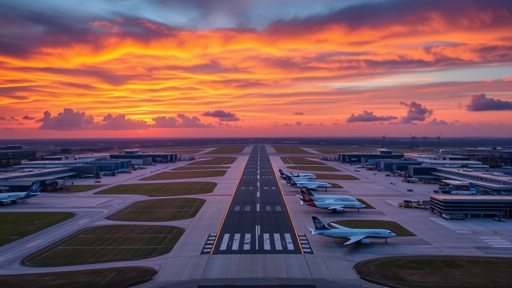 Aerial view of Detroit Metropolitan Airport runway at sunrise with commercial aircraft lined up, modern terminal buildings visible, vibrant morning sky with clouds