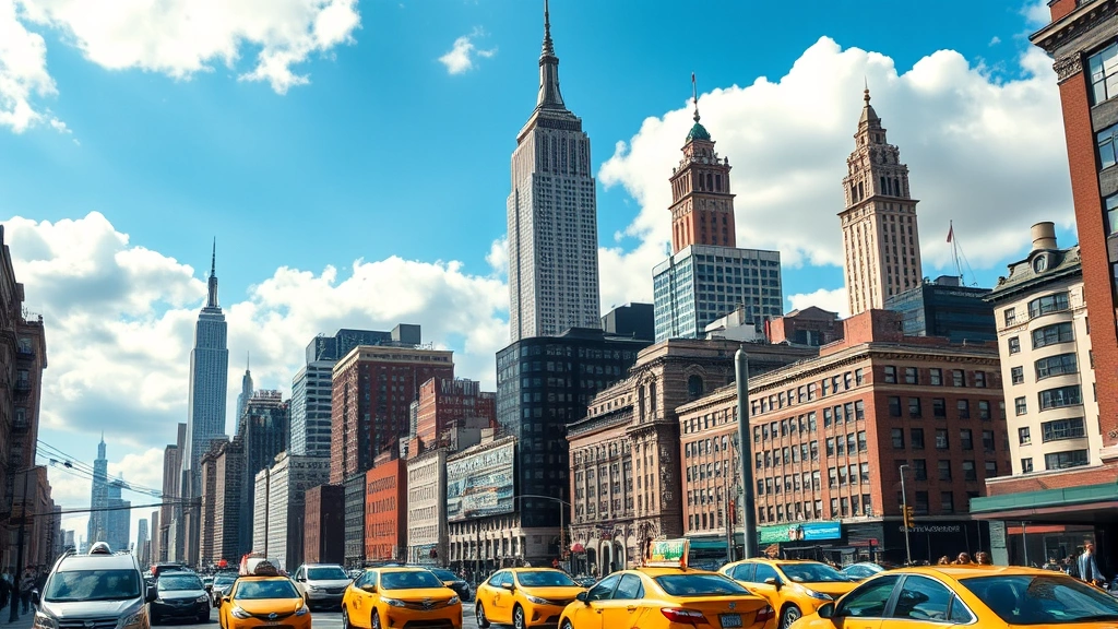 Busy Manhattan skyline with Empire State Building and Chrysler Building prominent, yellow taxicabs on street below, bustling city energy with blue sky and white clouds