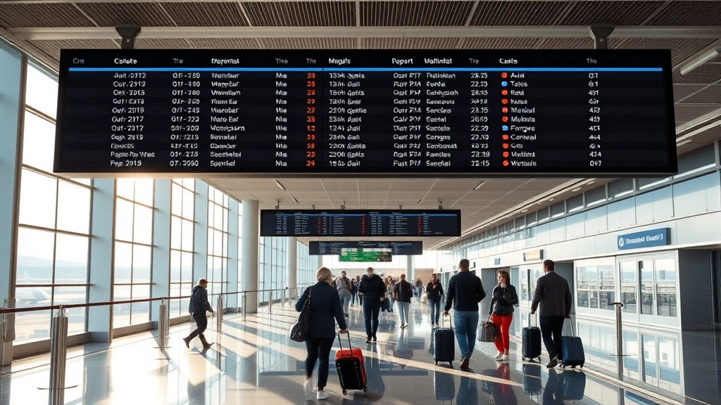 Departure board at airport terminal showing flight times and destinations, passengers with luggage walking through modern airport corridor with natural light streaming from windows