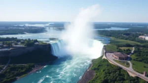 Aerial view of Niagara Falls with mist rising from cascading water, surrounded by lush green landscape and observation decks, daytime with clear sky