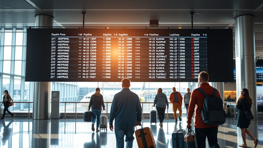 Modern airport departure board displaying flight information with travelers walking through terminal with luggage, bright natural lighting through windows