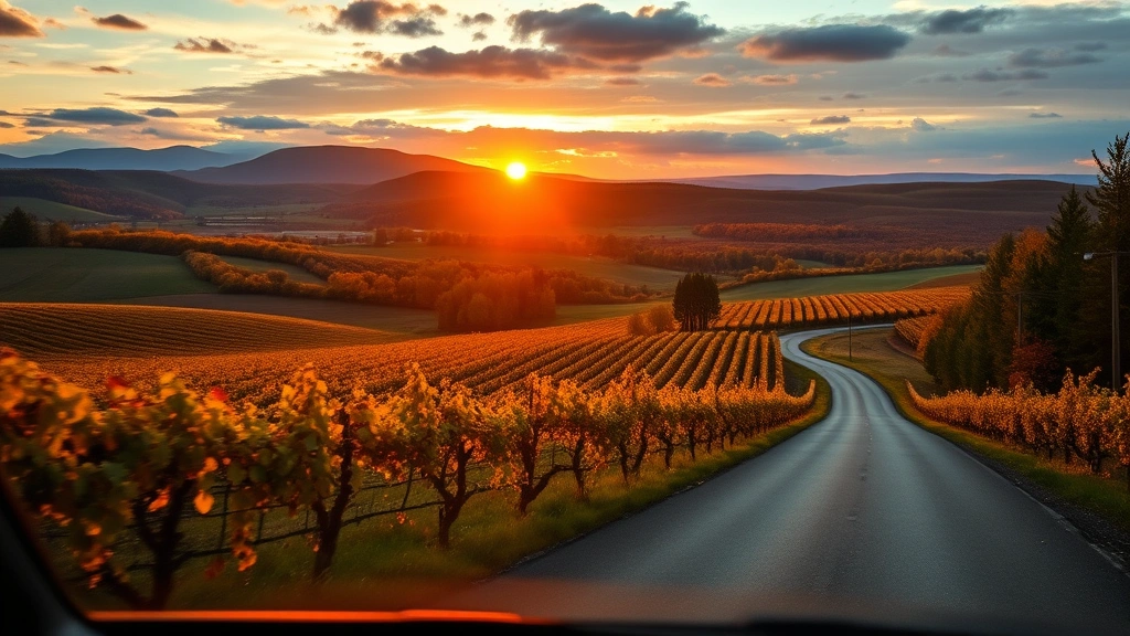 Scenic drive through Niagara region with vineyards and rolling hills visible from car window, sunset lighting on country road with autumn foliage